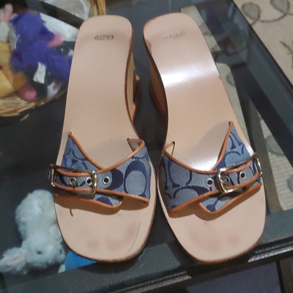 Coach wooden wedge slip ons